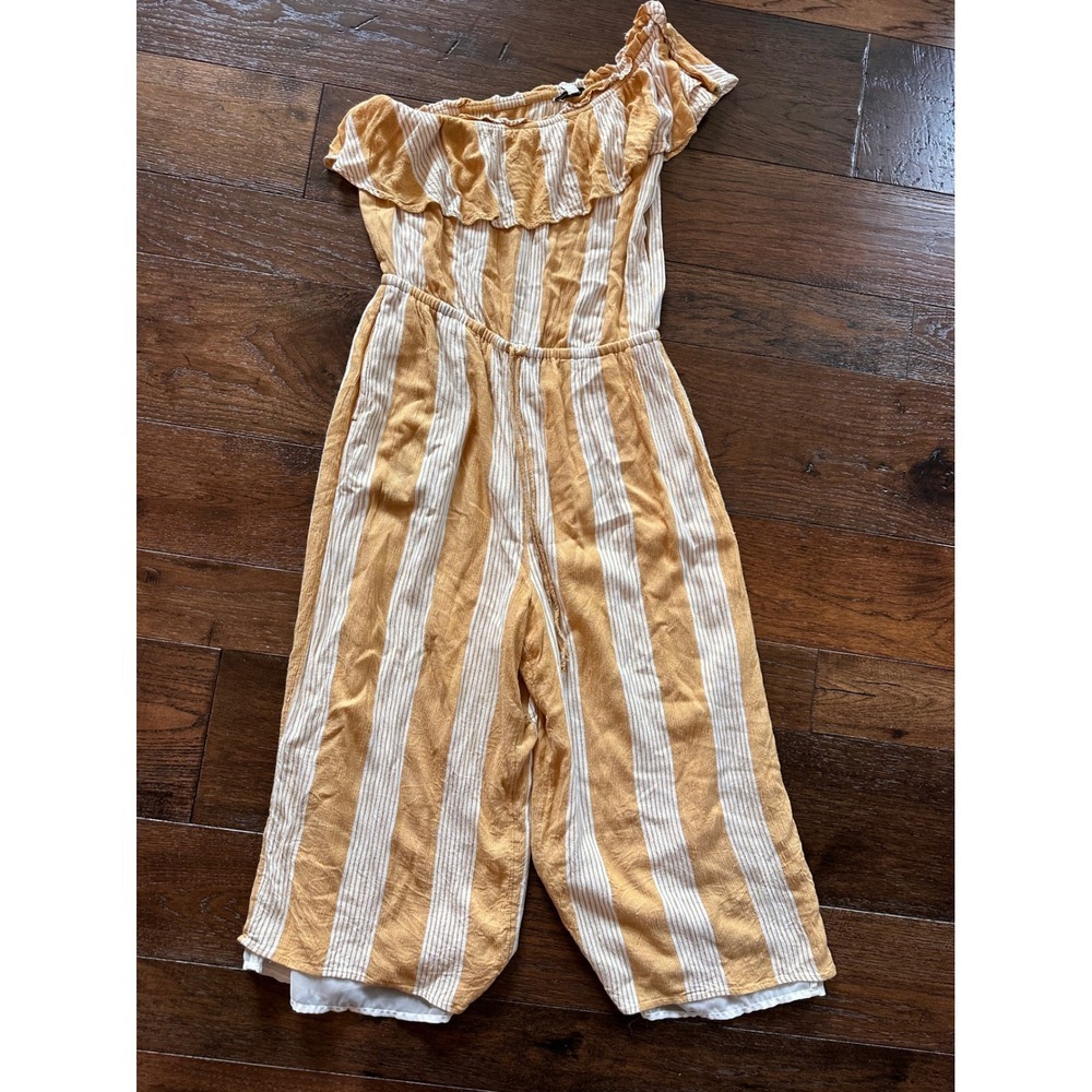 American Eagle One Shoulder Striped Jumpsuit Mustard Yellow White Ruffle Large